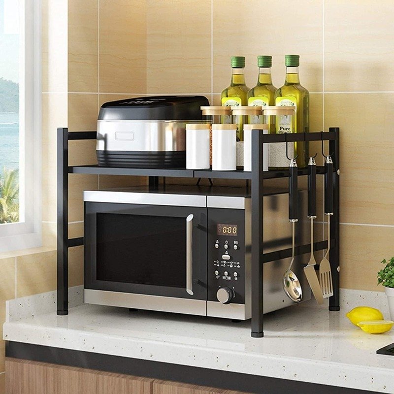 2 tier kitchen countertop organizer rack with utensil hooks