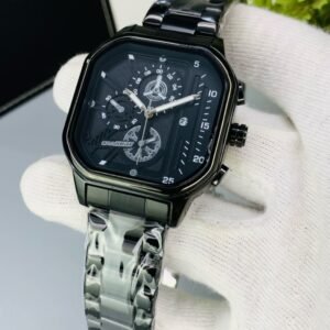 Luxury men’s watch with chronograph-style black dial and stainless steel bracelet