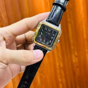 Men's leather strap watch with silver square case and green strap