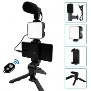 Wireless phone microphone kit with tripod, phone holder, LED light, and remote
