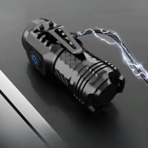 Black tactical-style flashlight with textured grip and carry clip