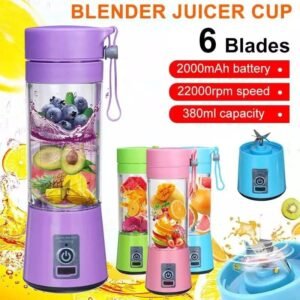 Portable blender juicer cup with 6 blades in purple, green, pink and blue