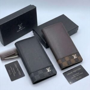 Black and brown textured men's long wallets with metallic emblem