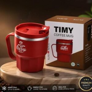 Red insulated coffee mug with handle, drinking lid and presentation box