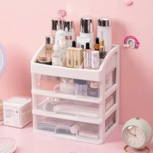 White 3 layer makeup organizer with transparent drawers and skincare storage compartments