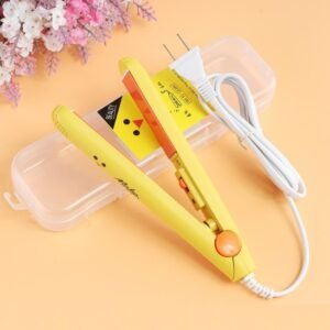 Yellow mini hair straightener with slim styling plates, power cord and transparent storage case