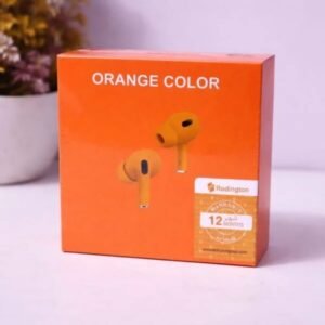 Orange wireless Bluetooth earbuds displayed on Redington retail packaging