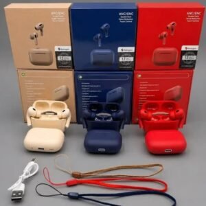 Wireless Bluetooth earbuds with ANC and ENC in beige, navy blue and red