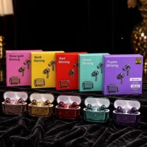Metallic wireless earbuds in rose gold, gold, red, green and purple with matching charging cases