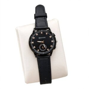 Men Leather Watch – Elegant Black Dial Wristwatch