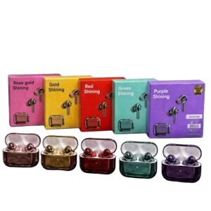 Metallic wireless earbuds in rose gold, gold, red, green and purple with matching charging cases