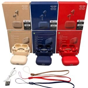 Wireless Bluetooth earbuds with ANC and ENC in beige, navy blue and red