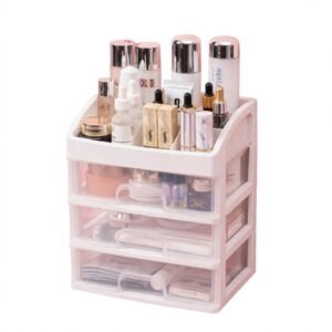 White 3 layer makeup organizer with transparent drawers and skincare storage compartments