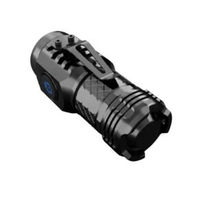 Black tactical-style flashlight with textured grip and carry clip