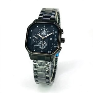 Luxury men’s watch with chronograph-style black dial and stainless steel bracelet