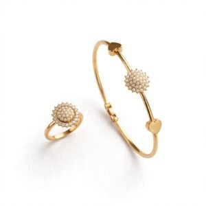 Gold floral bracelet and matching ring jewelry set for women