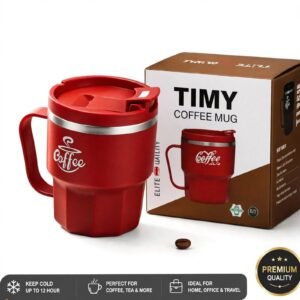Red insulated coffee mug with handle, drinking lid and presentation box