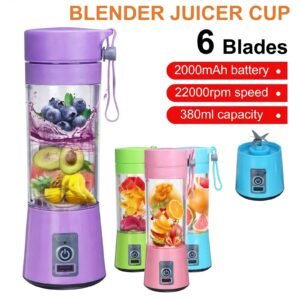 Portable blender juicer cup with 6 blades in purple, green, pink and blue