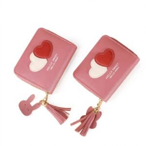 Pink heart design mini wallet with tassel for women