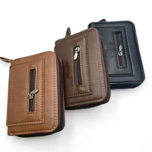 Compact leather mini wallet with zip closure in brown and black colors