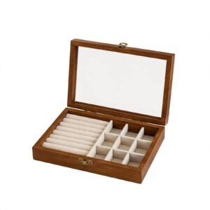 Wooden jewelry organizer box with transparent glass lid and velvet compartments