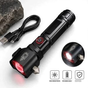 Black rechargeable tactical flashlight with USB charging and high brightness LED
