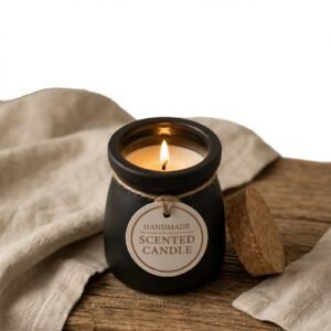 Black handmade scented candle jar with warm flame for home decoration