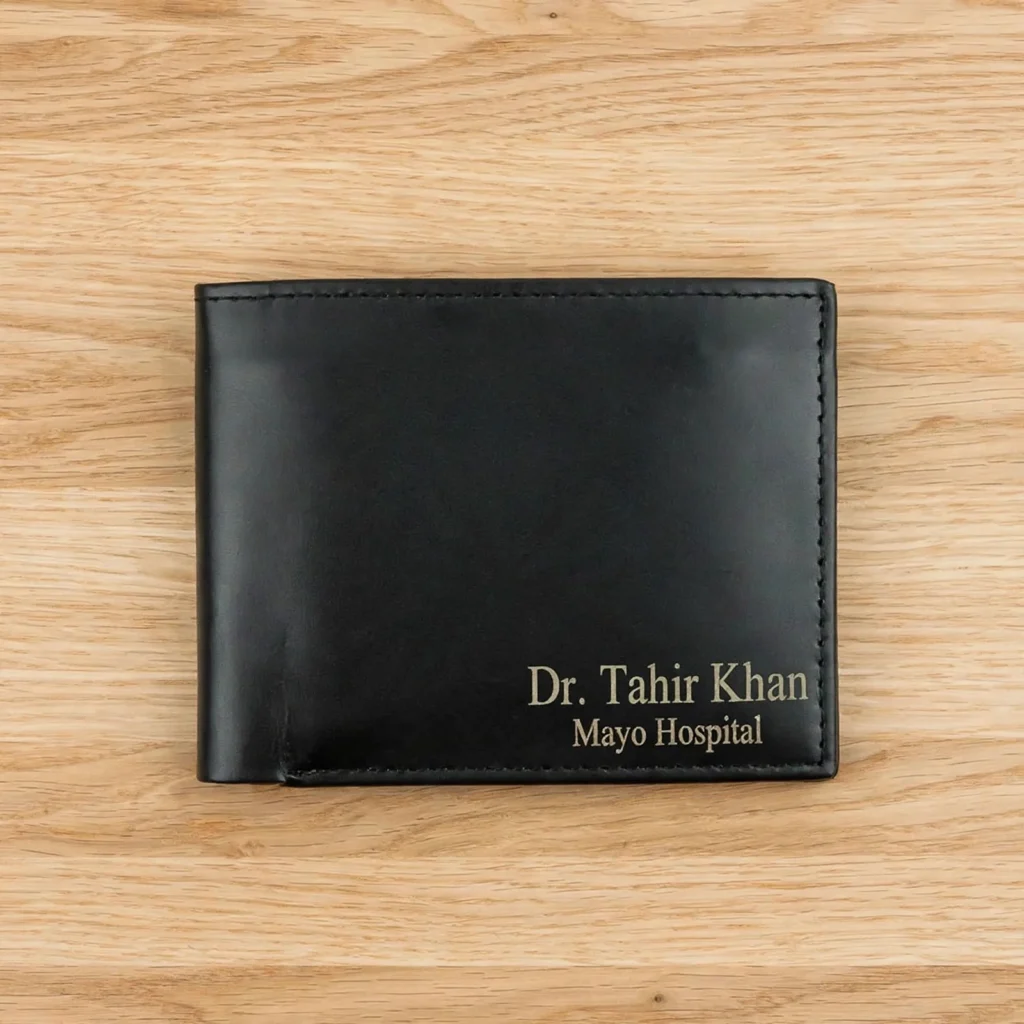 Personalized black leather wallet with custom name printing for men