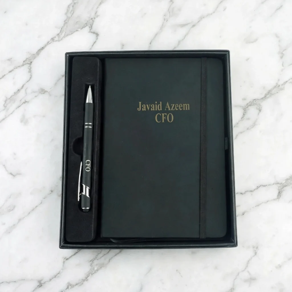 Personalized black notebook and pen gift set with custom name printing for professionals