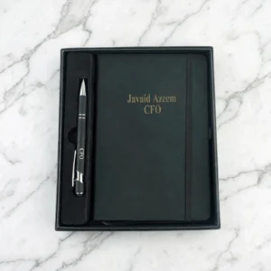 Personalized black notebook and pen gift set with custom name printing for professionals
