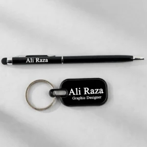 Personalized black pen and keychain set with custom name printing gift