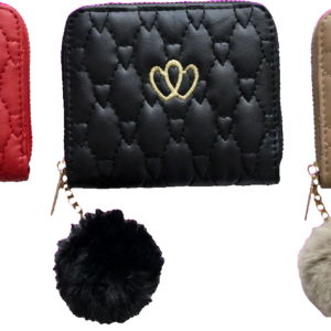 Heart quilted mini wallets with fluffy pom pom charms in red, black and beige